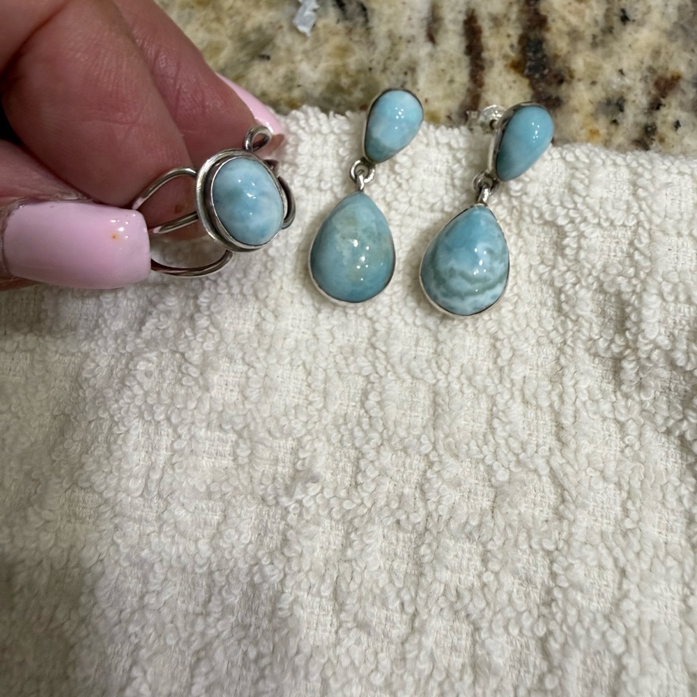 Authentic Natural Larimar Gemstone Silver Jewelry Set. Earrings and Ring